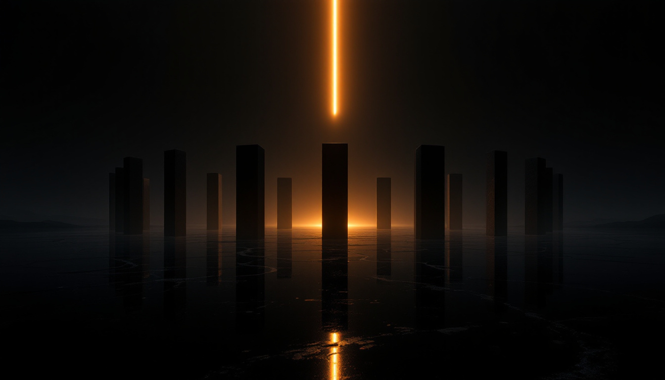 Black monoliths stand on a dark, mirror-still plain at night while a single beam of amber light descends to meet them.
