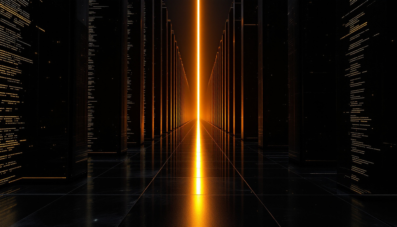 An endless archive of black glass monoliths etched with glowing timelines, split by one straight axis of amber light.