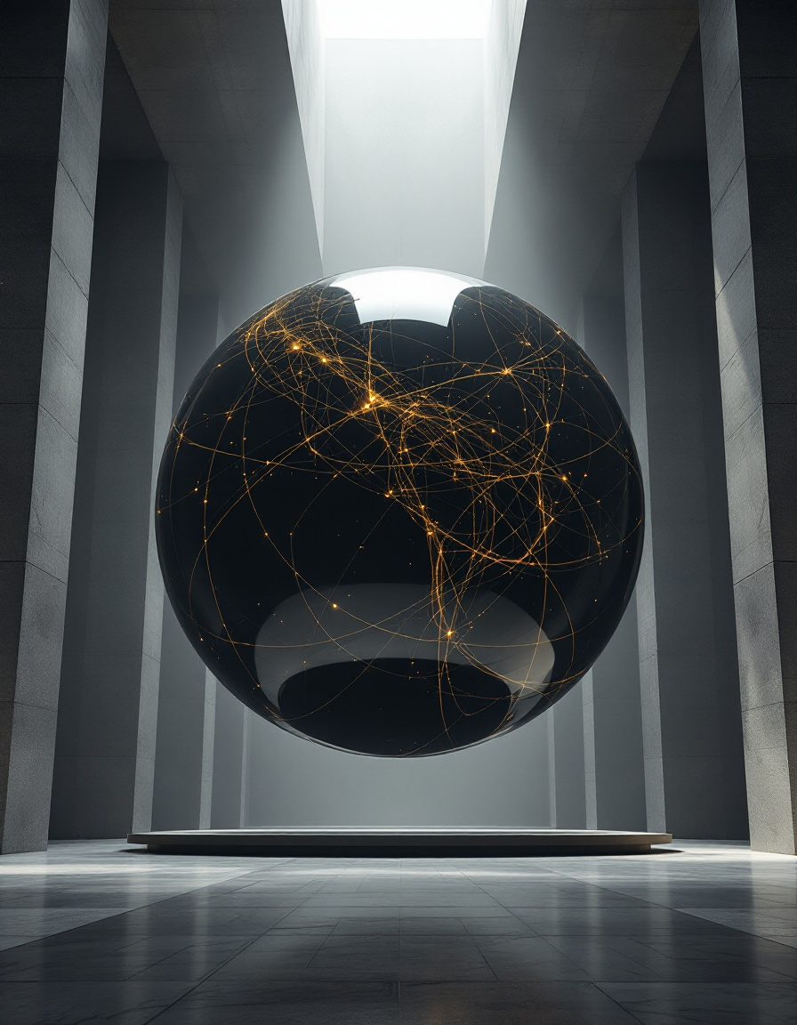 A colossal obsidian sphere hangs in a vast stone hall, threaded with glowing amber filaments, beneath a single shaft of light.