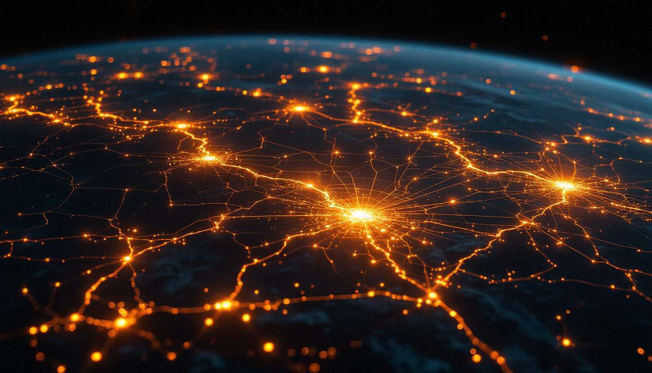 The night side of Earth seen from orbit, laced with a glowing amber network of routes between bright hubs, a few of them pulsing.