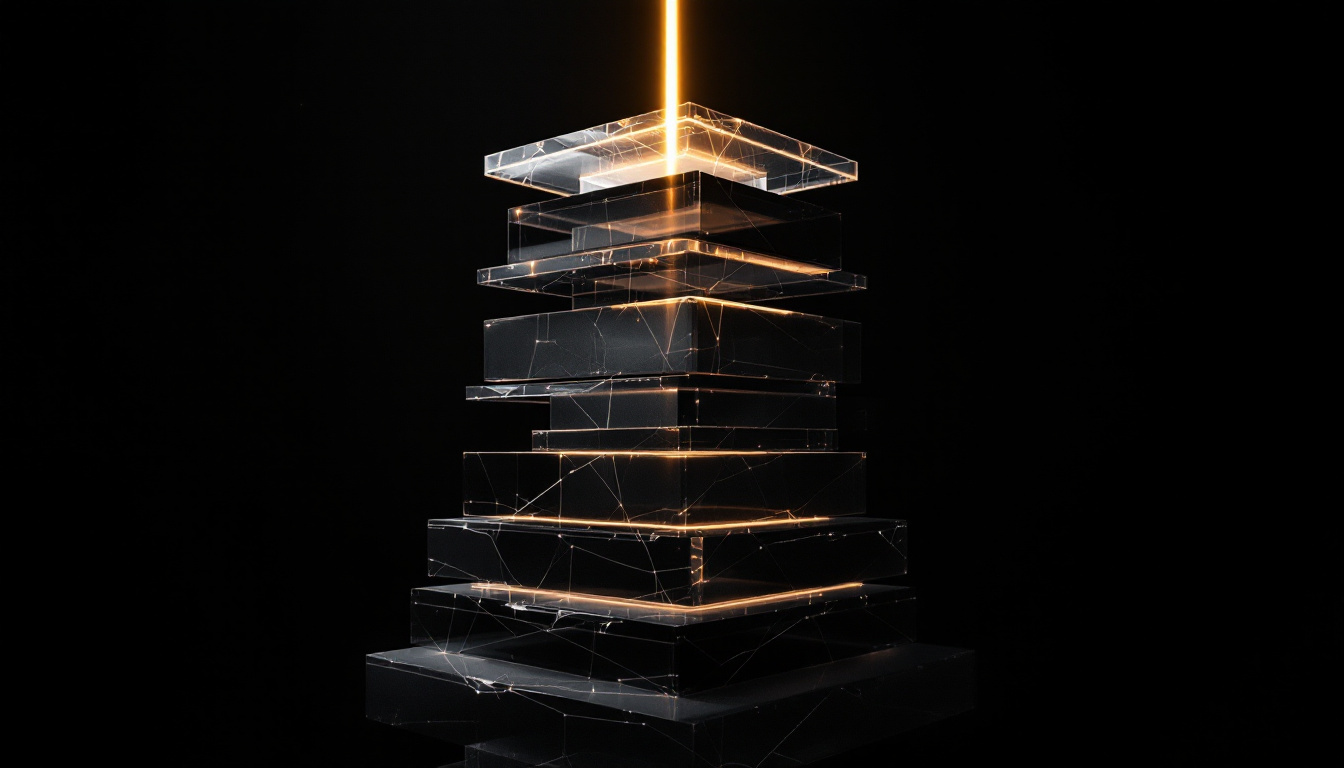 A tower of thin translucent glass planes floats in darkness, pierced from top to bottom by one clean beam of amber light.